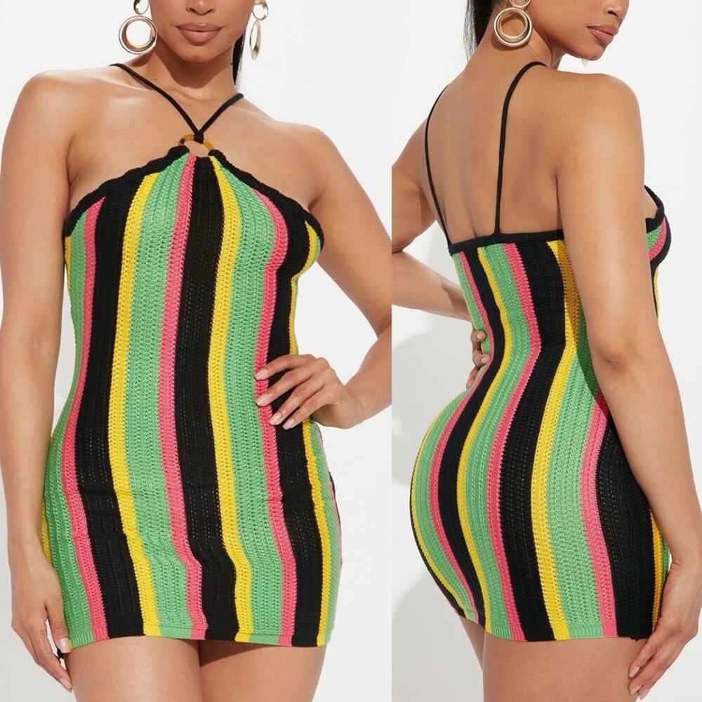NWOT Almost Famous Juniors Get In Line Striped Crochet Mini Dress. Size M